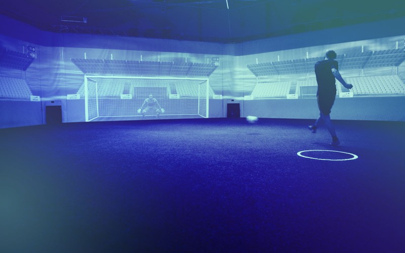 Image from skills.lab Arena showing an adult player shooting on the goal